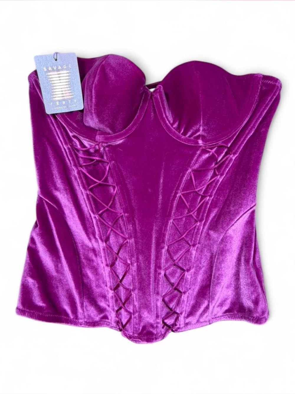 Savage X Fenty Velvet Corset Bustier Pink Lace Up Lingerie Top NWT